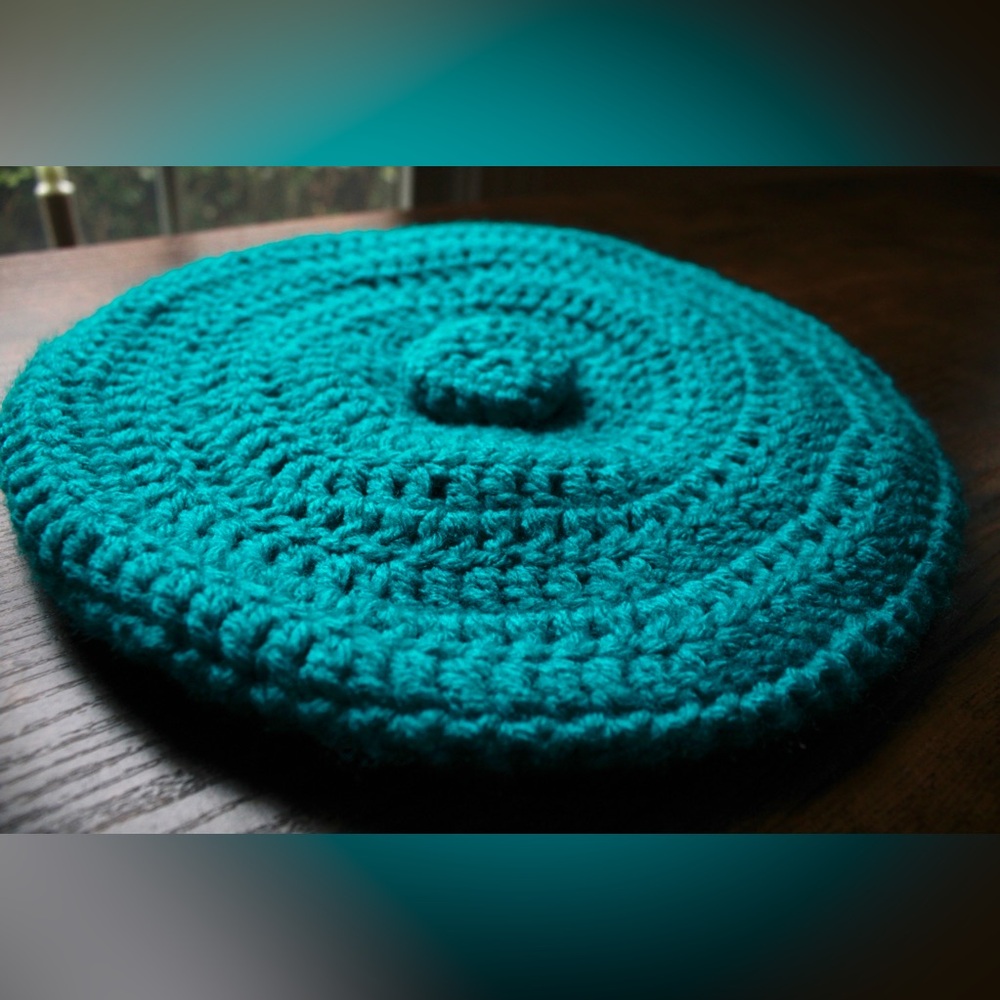 Handmade Teal Turquoise Hand Knit Crochet Beret Hat OS - Picture 2 of 4